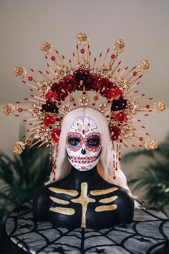 La Catrina Crown, Gold Flower Crown, Dia De Los Muertos Headpiece, Red Burgundy Flower Crown, Gothic Festival Tiara, Halloween Costume Crown