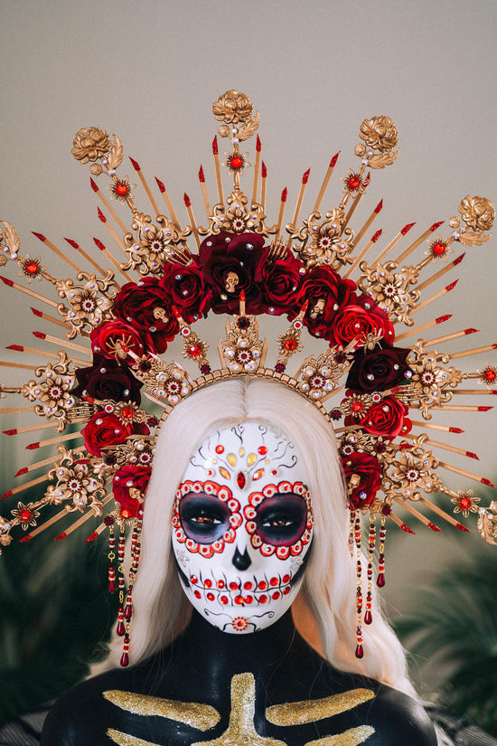 La Catrina Crown, Gold Flower Crown, Dia De Los Muertos Headpiece, Red Burgundy Flower Crown, Gothic Festival Tiara, Halloween Costume Crown