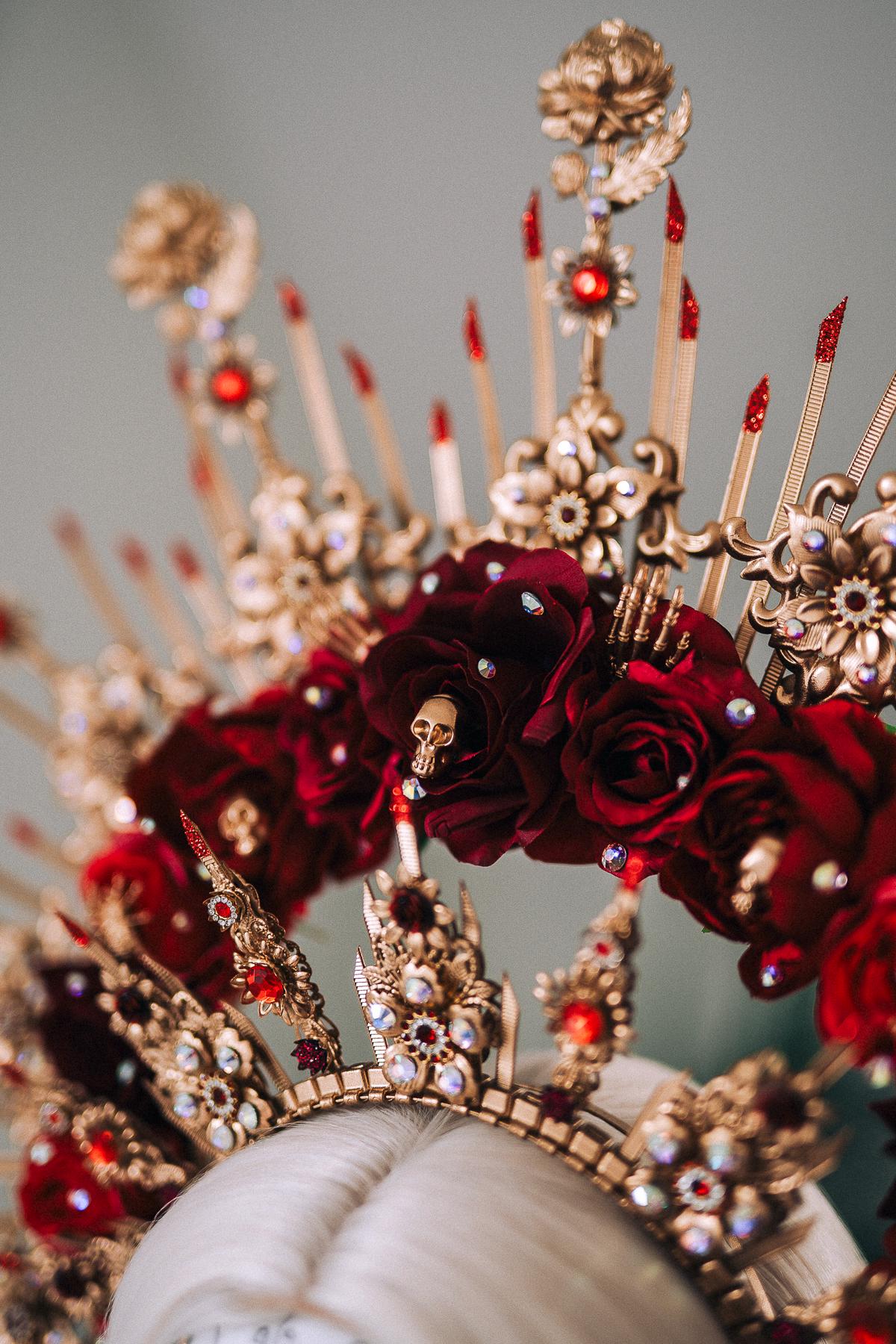 La Catrina Crown, Gold Flower Crown, Dia De Los Muertos Headpiece, Red Burgundy Flower Crown, Gothic Festival Tiara, Halloween Costume Crown
