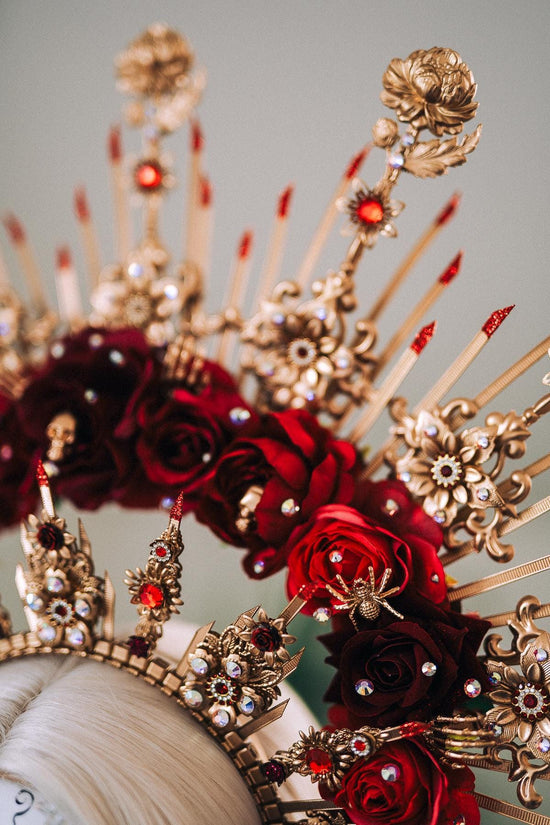 La Catrina Crown, Gold Flower Crown, Dia De Los Muertos Headpiece, Red Burgundy Flower Crown, Gothic Festival Tiara, Halloween Costume Crown