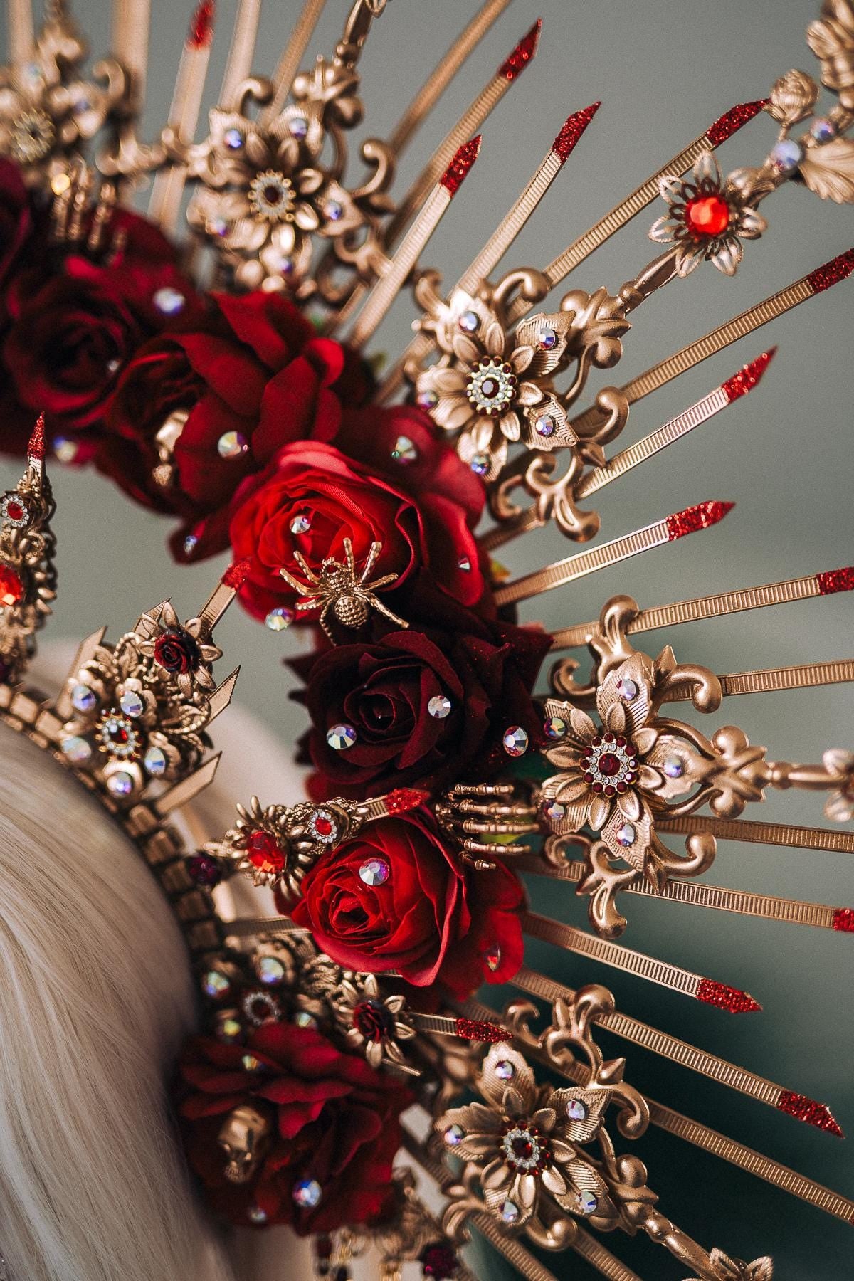 La Catrina Crown, Gold Flower Crown, Dia De Los Muertos Headpiece, Red Burgundy Flower Crown, Gothic Festival Tiara, Halloween Costume Crown