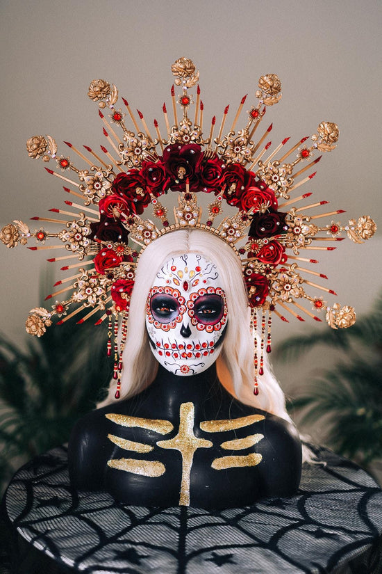 La Catrina Crown, Gold Flower Crown, Dia De Los Muertos Headpiece, Red Burgundy Flower Crown, Gothic Festival Tiara, Halloween Costume Crown