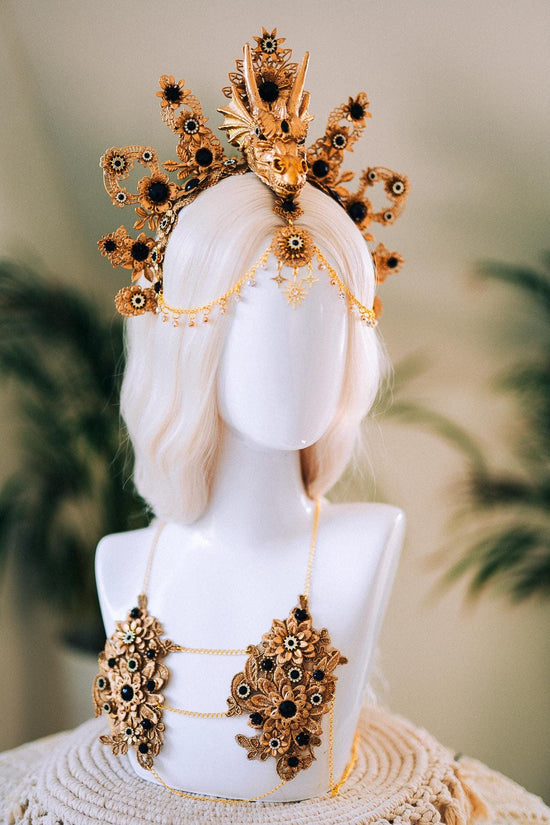 Dragon Crown, Fantasy Headdress, Gold Festival Headpiece, Fire Queen Costume, Burning Man Crown, Mythical Halo, Gothic Dragon Tiara