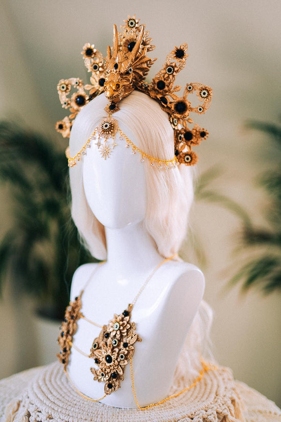 Dragon Crown, Fantasy Headdress, Gold Festival Headpiece, Fire Queen Costume, Burning Man Crown, Mythical Halo, Gothic Dragon Tiara