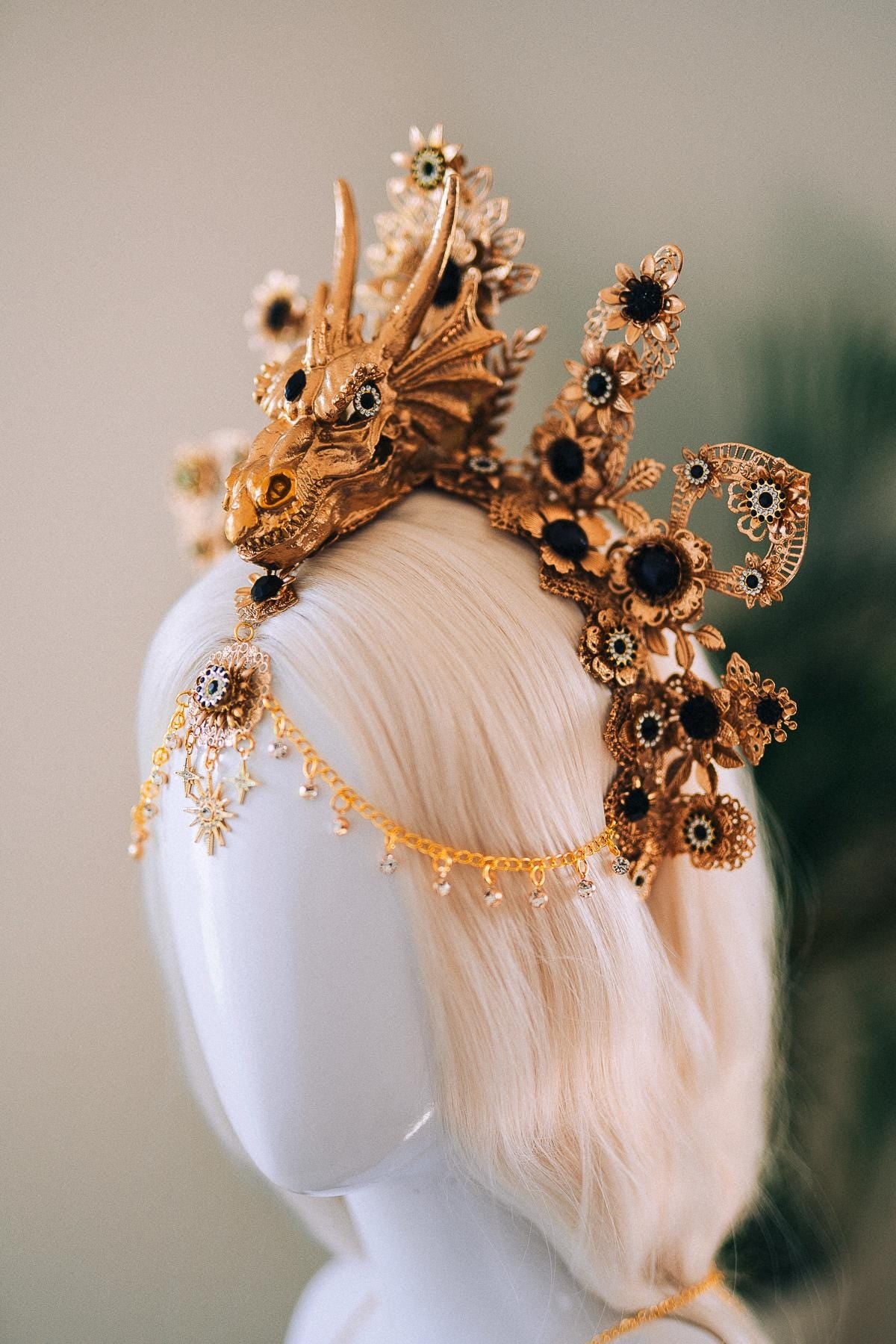 Dragon Crown, Fantasy Headdress, Gold Festival Headpiece, Fire Queen Costume, Burning Man Crown, Mythical Halo, Gothic Dragon Tiara