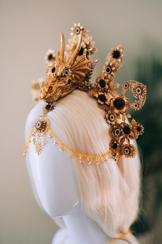 Dragon Crown, Fantasy Headdress, Gold Festival Headpiece, Fire Queen Costume, Burning Man Crown, Mythical Halo, Gothic Dragon Tiara