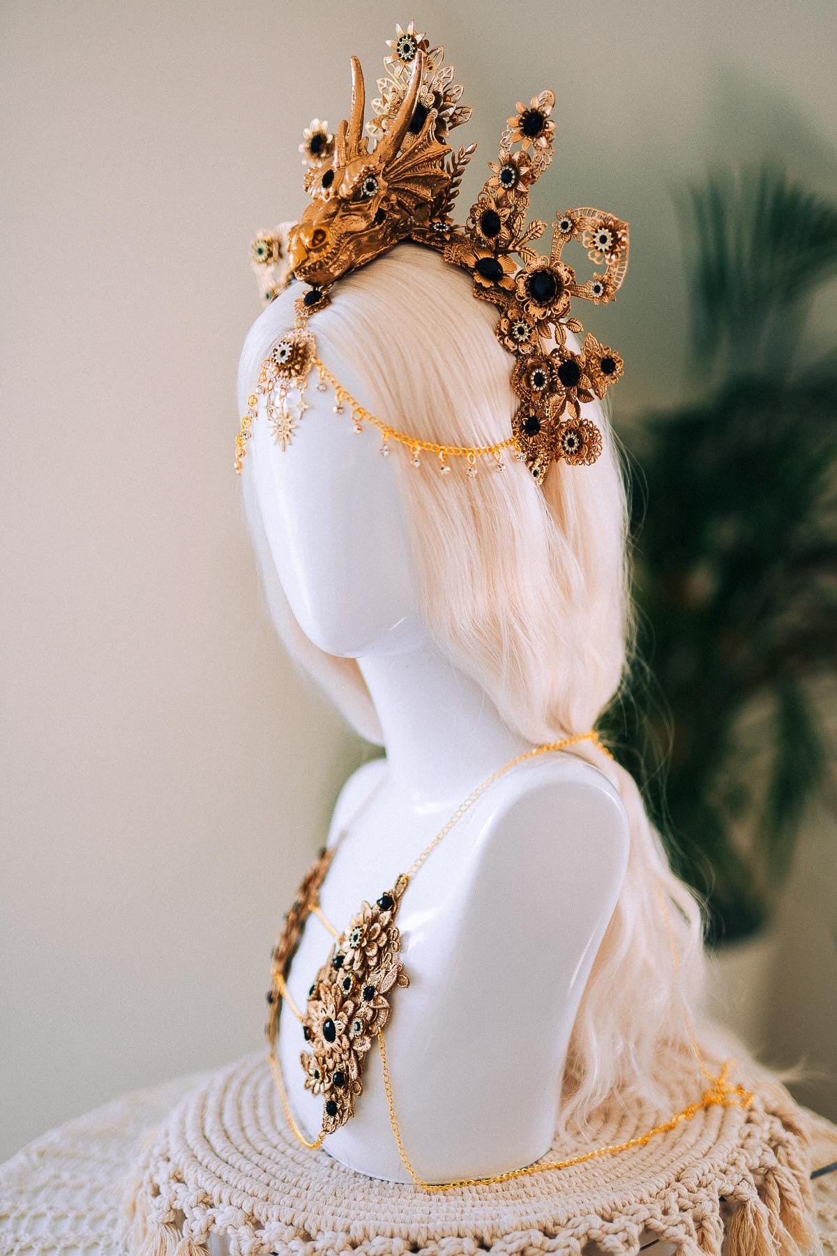 Dragon Crown, Fantasy Headdress, Gold Festival Headpiece, Fire Queen Costume, Burning Man Crown, Mythical Halo, Gothic Dragon Tiara