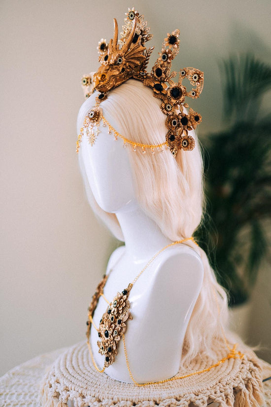 Dragon Crown, Fantasy Headdress, Gold Festival Headpiece, Fire Queen Costume, Burning Man Crown, Mythical Halo, Gothic Dragon Tiara