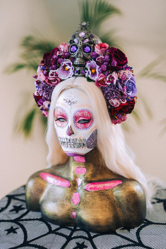 La Catrina Crown, Purple Skull Headpiece, Halloween Flower Crown, Dia De Los Muertos Tiara, Gothic Costume Tiara, Floral Skull Crown