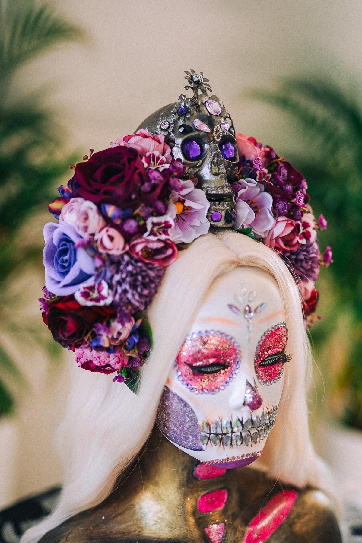 La Catrina Crown, Purple Skull Headpiece, Halloween Flower Crown, Dia De Los Muertos Tiara, Gothic Costume Tiara, Floral Skull Crown