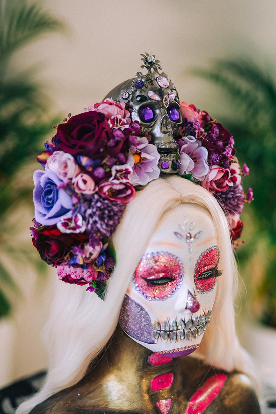 La Catrina Crown, Purple Skull Headpiece, Halloween Flower Crown, Dia De Los Muertos Tiara, Gothic Costume Tiara, Floral Skull Crown