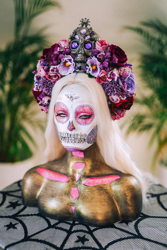 La Catrina Crown, Purple Skull Headpiece, Halloween Flower Crown, Dia De Los Muertos Tiara, Gothic Costume Tiara, Floral Skull Crown