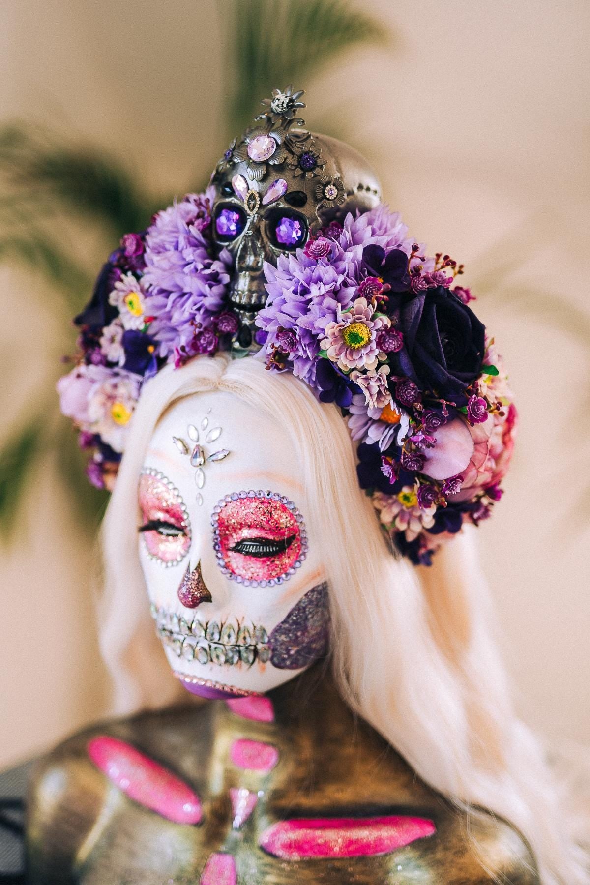 La Catrina Crown, Purple Skull Headpiece, Halloween Flower Crown, Dia De Los Muertos Tiara, Gothic Costume Tiara, Floral Skull Crown