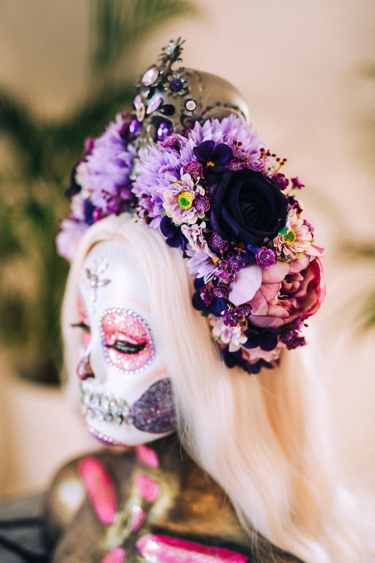 La Catrina Crown, Purple Skull Headpiece, Halloween Flower Crown, Dia De Los Muertos Tiara, Gothic Costume Tiara, Floral Skull Crown