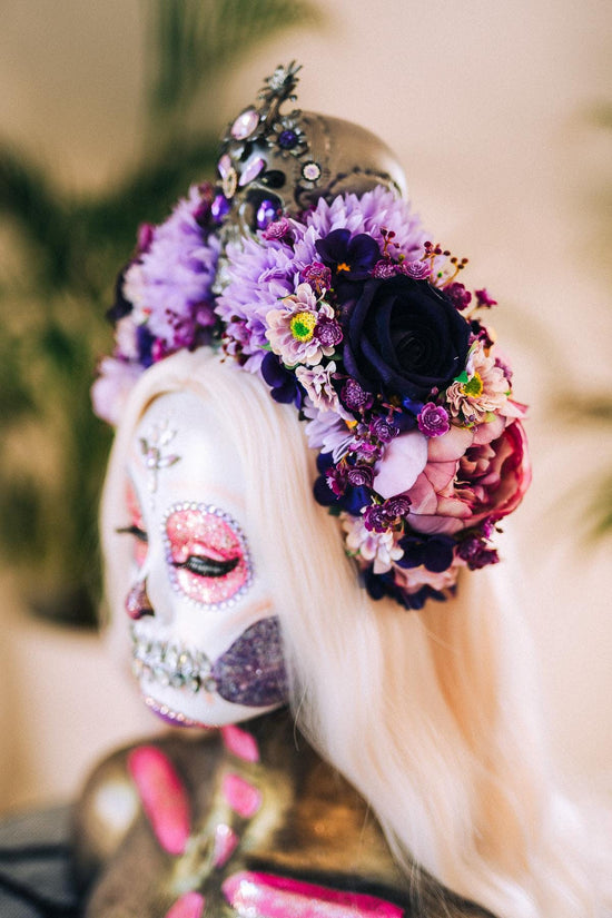 La Catrina Crown, Purple Skull Headpiece, Halloween Flower Crown, Dia De Los Muertos Tiara, Gothic Costume Tiara, Floral Skull Crown
