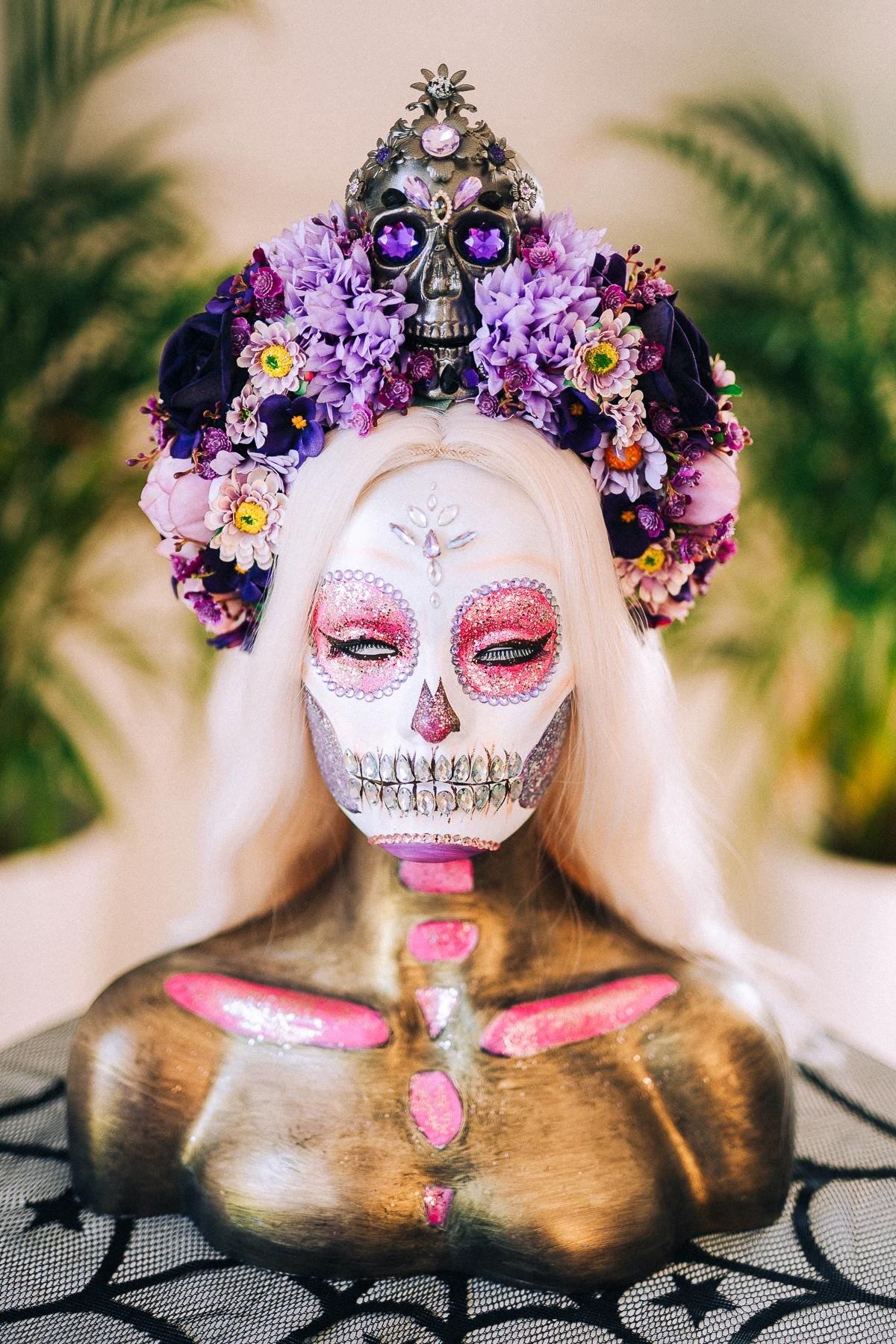 La Catrina Crown, Purple Skull Headpiece, Halloween Flower Crown, Dia De Los Muertos Tiara, Gothic Costume Tiara, Floral Skull Crown