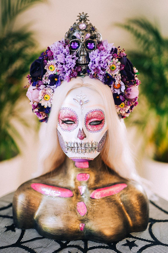 La Catrina Crown, Purple Skull Headpiece, Halloween Flower Crown, Dia De Los Muertos Tiara, Gothic Costume Tiara, Floral Skull Crown