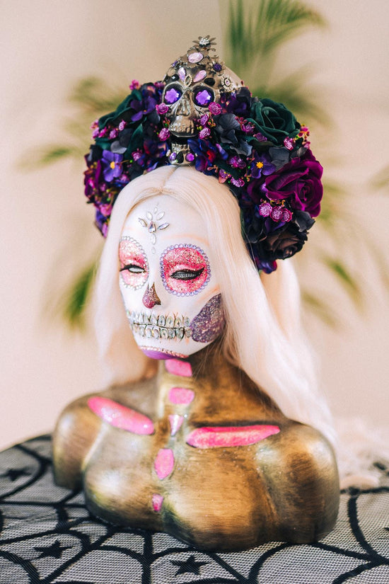 La Catrina Crown, Dark Skull Headpiece, Purple Flower Tiara, Dia De Los Muertos Crown, Gothic, Halloween Skull Crown, Floral Headdress