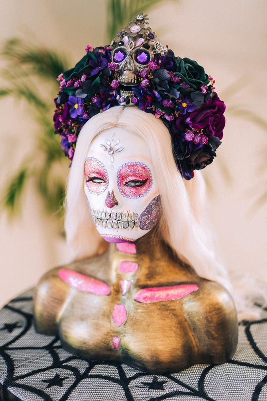 La Catrina Crown, Dark Skull Headpiece, Purple Flower Tiara, Dia De Los Muertos Crown, Gothic, Halloween Skull Crown, Floral Headdress