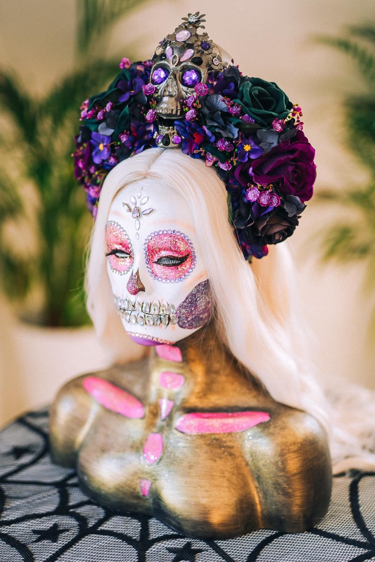 La Catrina Crown, Dark Skull Headpiece, Purple Flower Tiara, Dia De Los Muertos Crown, Gothic, Halloween Skull Crown, Floral Headdress