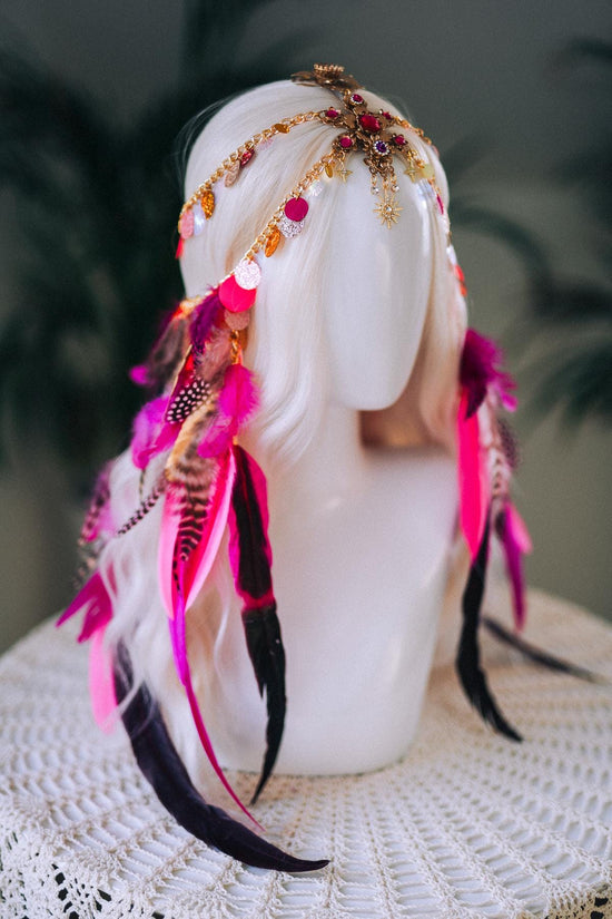 Festival Feather Headpiece, Chain Sequin Headband, Colorful Boho Tiara, Carnival Costume Accessory, Halloween Headdress, Party Hairpiece