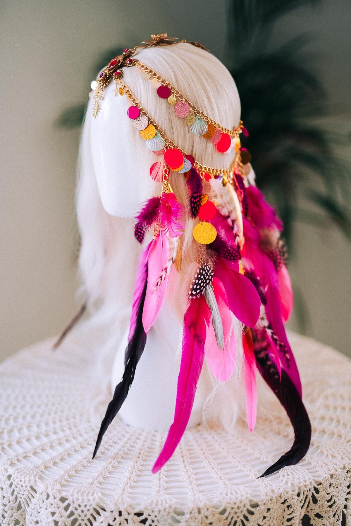Boho Feather Headdress, Sequin Chain Headband, Carnival Costume