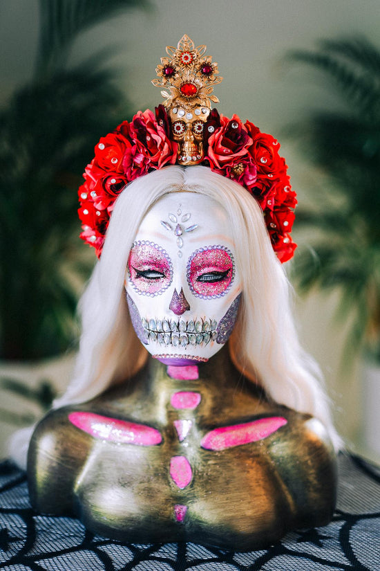 SALE La Catrina Crown, Red Skull Headpiece, Gold Flower Tiara, Halloween Costume Crown, Dia De Los Muertos Halo, Gothic Floral Headdress