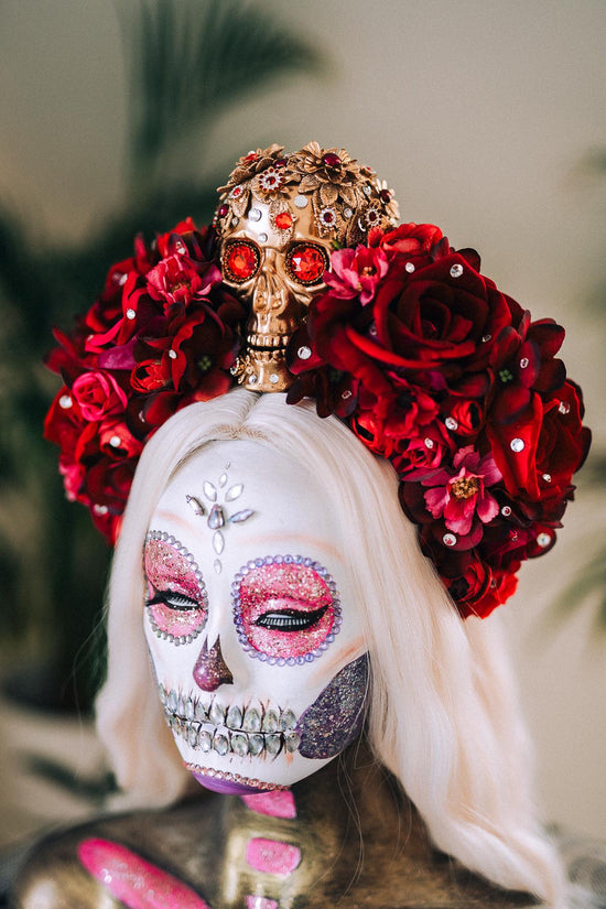 La Catrina Crown, Día De Los Muertos Headdress, Red Skull Crown, Corona De Flores, Halloween Costume, Gothic Flower Headpiece, Tocado