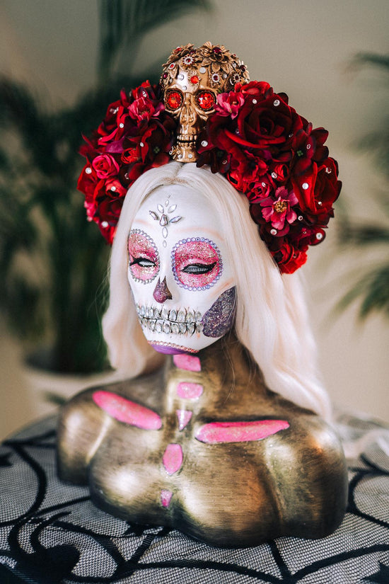 La Catrina Crown, Día De Los Muertos Headdress, Red Skull Crown, Corona De Flores, Halloween Costume, Gothic Flower Headpiece, Tocado