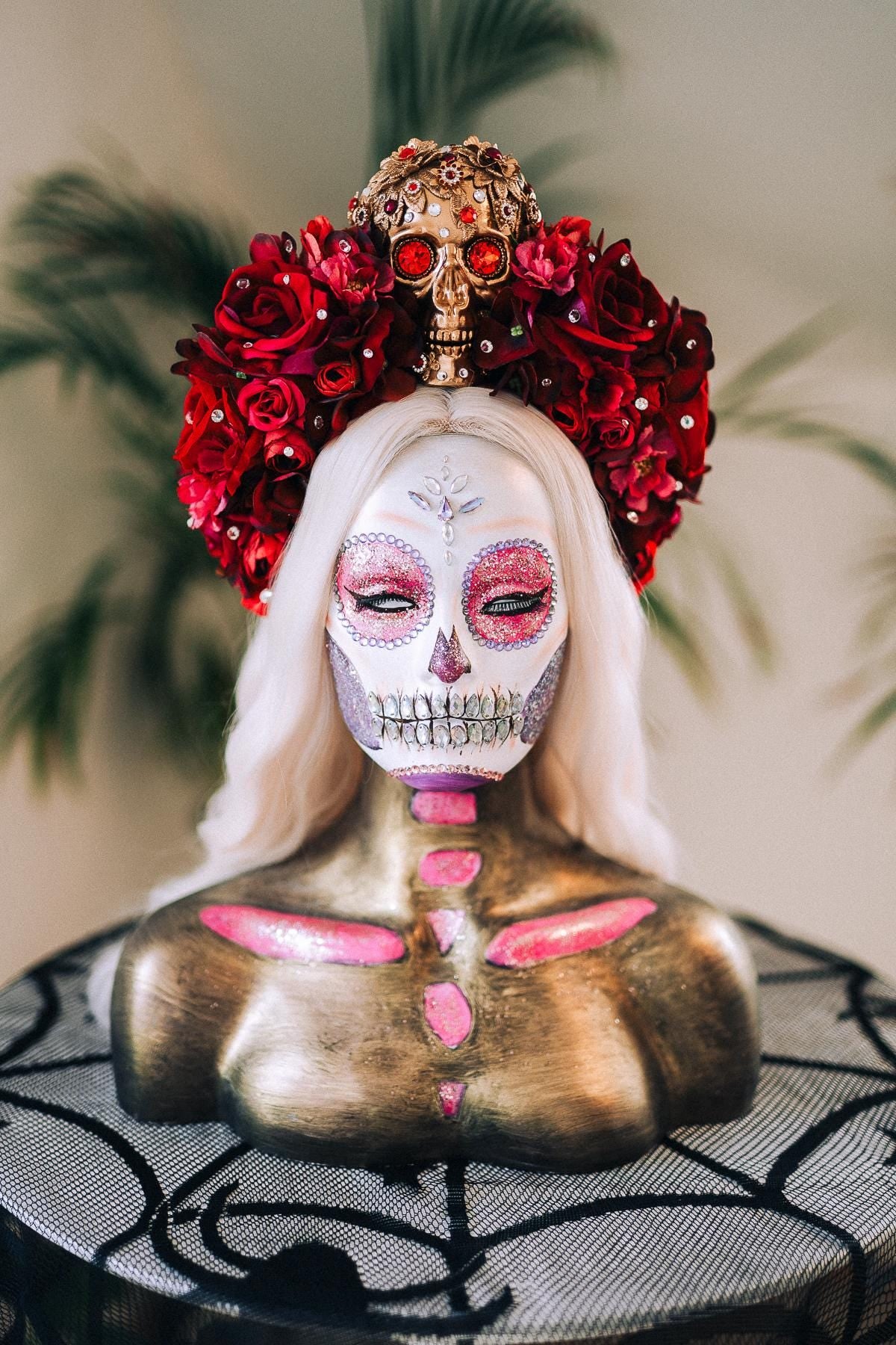La Catrina Crown, Día De Los Muertos Headdress, Red Skull Crown, Corona De Flores, Halloween Costume, Gothic Flower Headpiece, Tocado