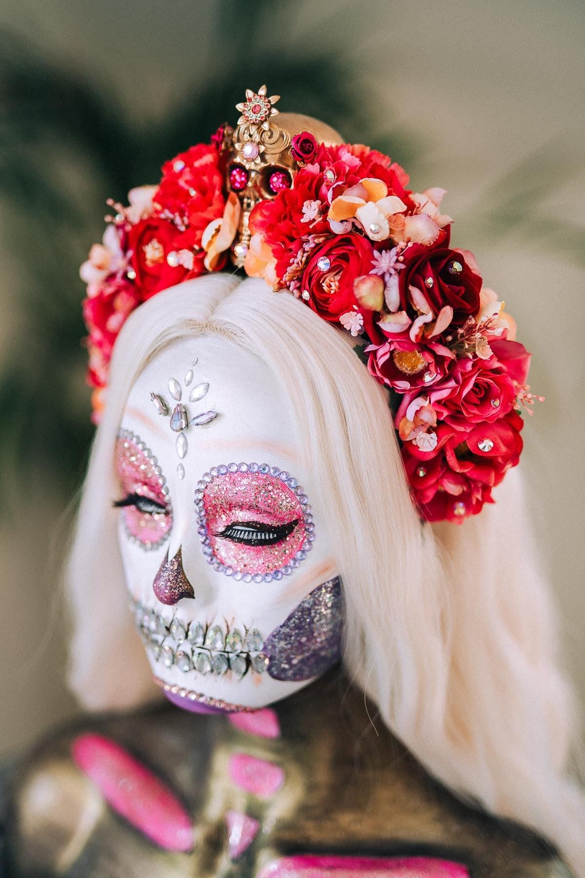 Red Skull Flower Crown, Día De Los Muertos Crown, Frida Inspired Crown, Gothic Halloween Crown, Calavera Headpiece, Festival Costume
