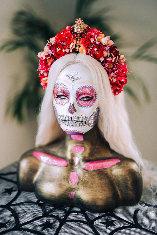 Red Skull Flower Crown, Día De Los Muertos Crown, Frida Inspired Crown, Gothic Halloween Crown, Calavera Headpiece, Festival Costume