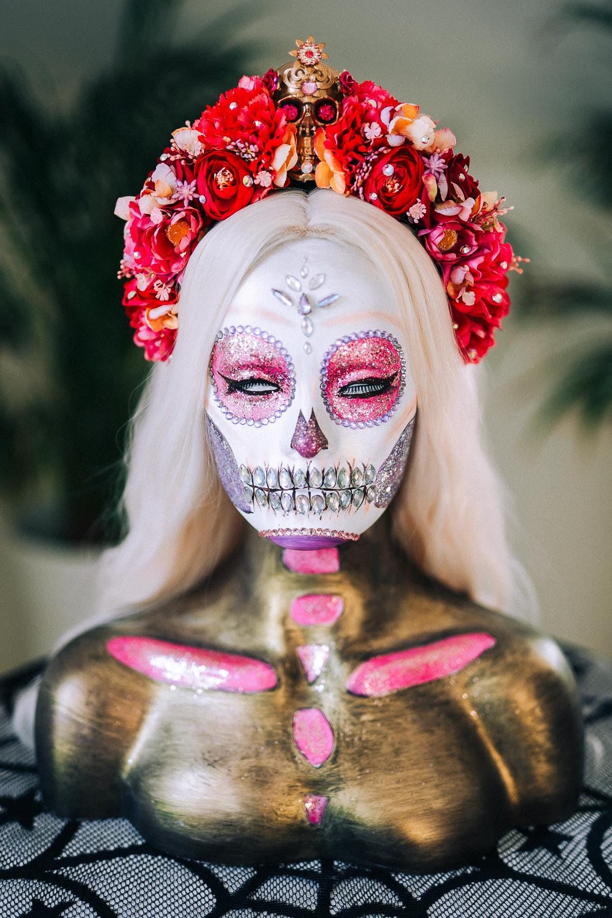 Red Skull Flower Crown, Día De Los Muertos Crown, Frida Inspired Crown, Gothic Halloween Crown, Calavera Headpiece, Festival Costume