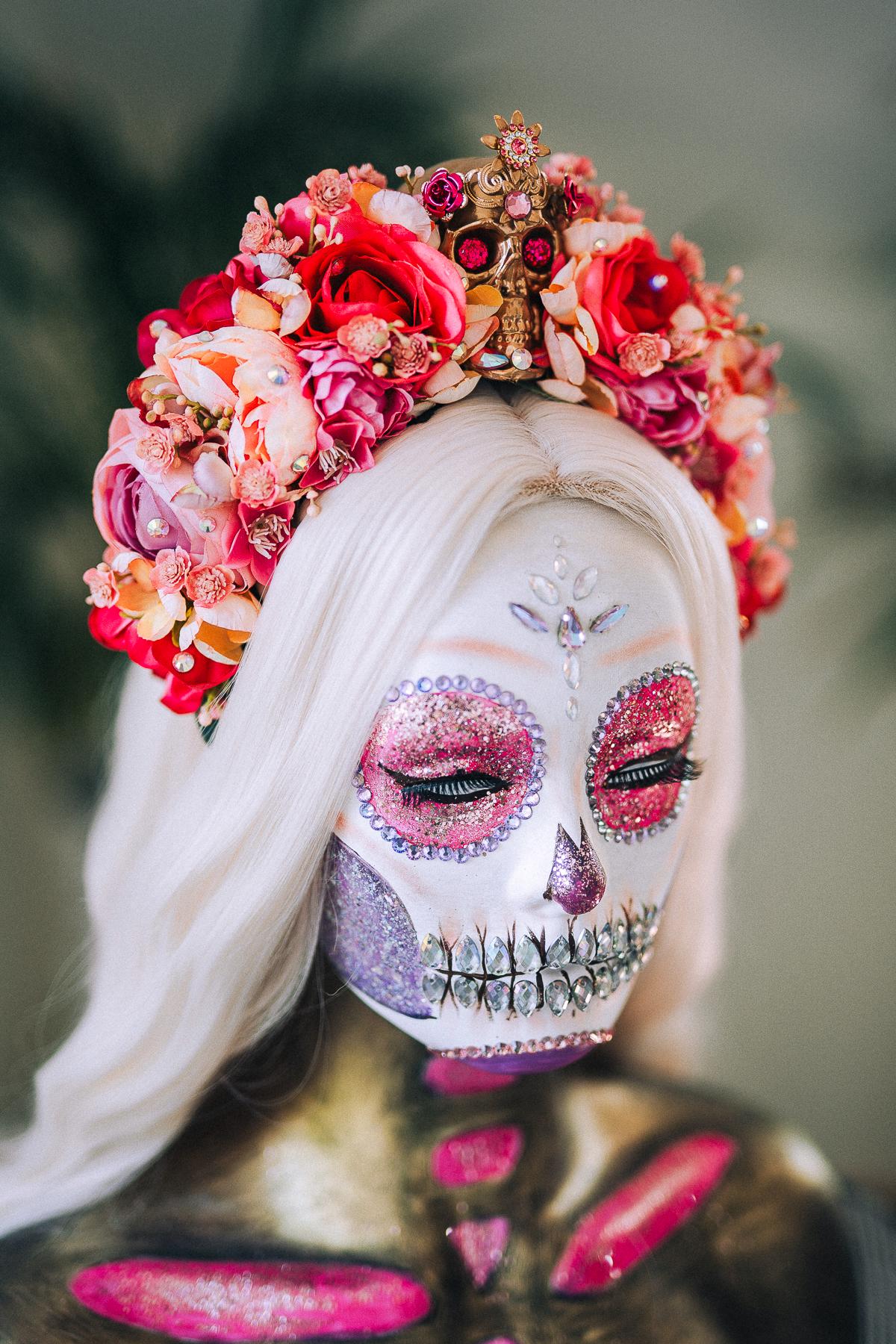 Day Of The Dead Crown, La Catrina Headpiece, Pink Flower Skull Halo, Calavera Tiara, Halloween Costume, Fiesta Dia De Muertos