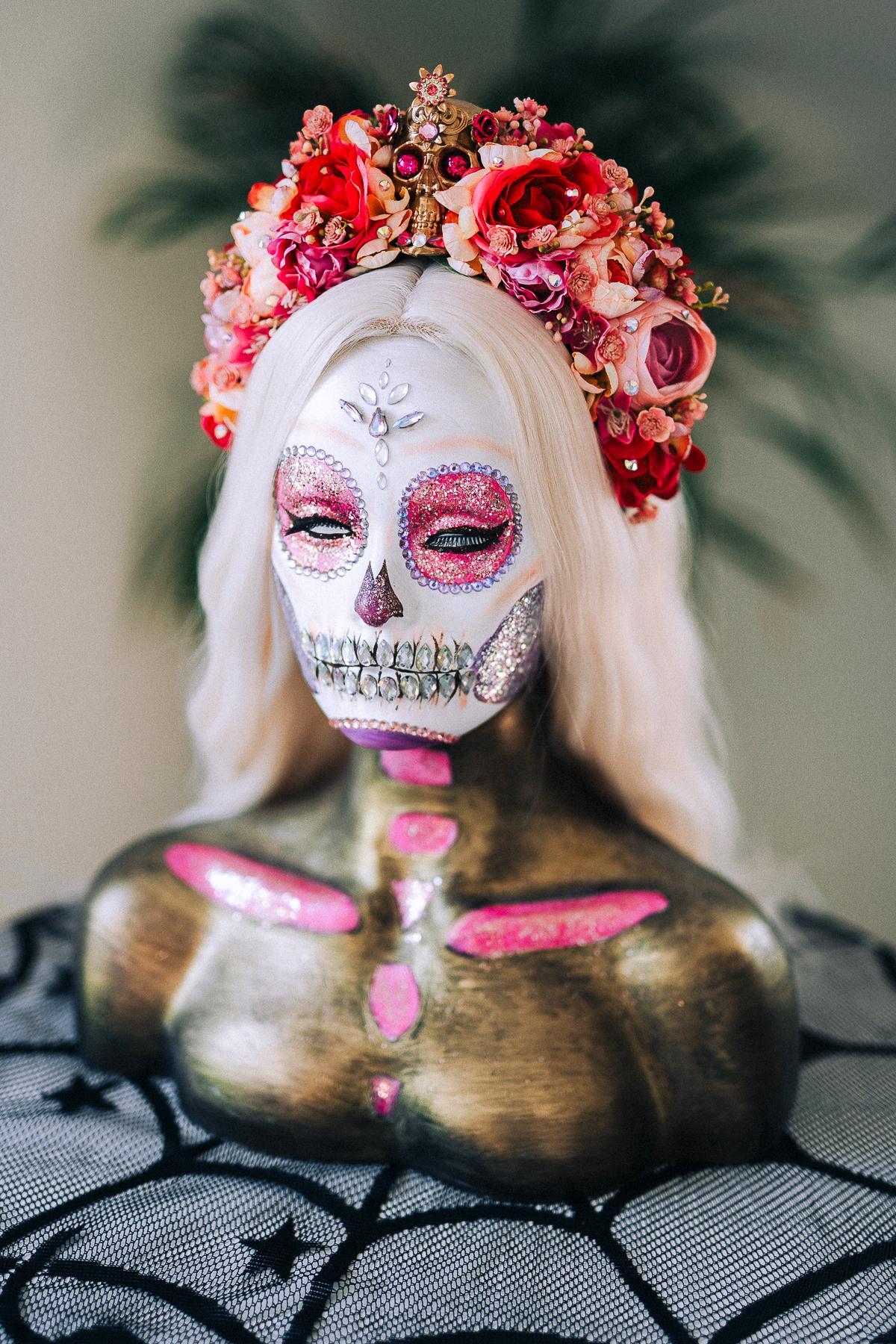 Day Of The Dead Crown, La Catrina Headpiece, Pink Flower Skull Halo, Calavera Tiara, Halloween Costume, Fiesta Dia De Muertos