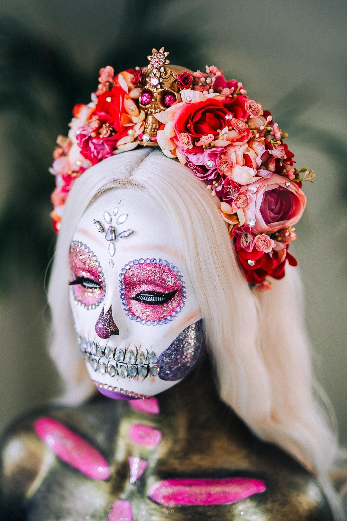 Day Of The Dead Crown, La Catrina Headpiece, Pink Flower Skull Halo, Calavera Tiara, Halloween Costume, Fiesta Dia De Muertos