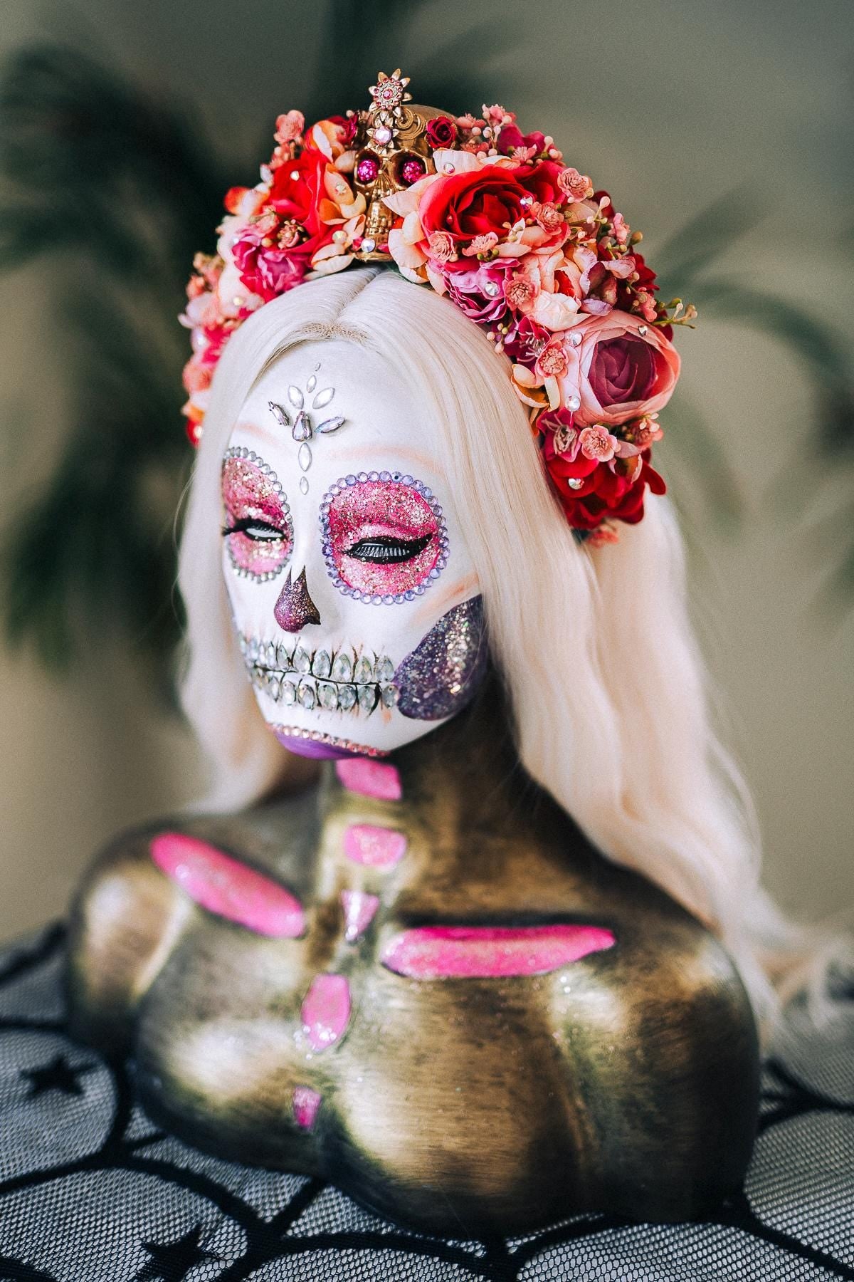 Day Of The Dead Crown, La Catrina Headpiece, Pink Flower Skull Halo, Calavera Tiara, Halloween Costume, Fiesta Dia De Muertos
