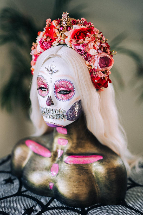Day Of The Dead Crown, La Catrina Headpiece, Pink Flower Skull Halo, Calavera Tiara, Halloween Costume, Fiesta Dia De Muertos