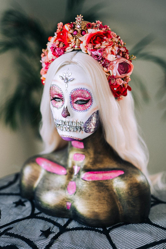 Day Of The Dead Crown, La Catrina Headpiece, Pink Flower Skull Halo, Calavera Tiara, Halloween Costume, Fiesta Dia De Muertos