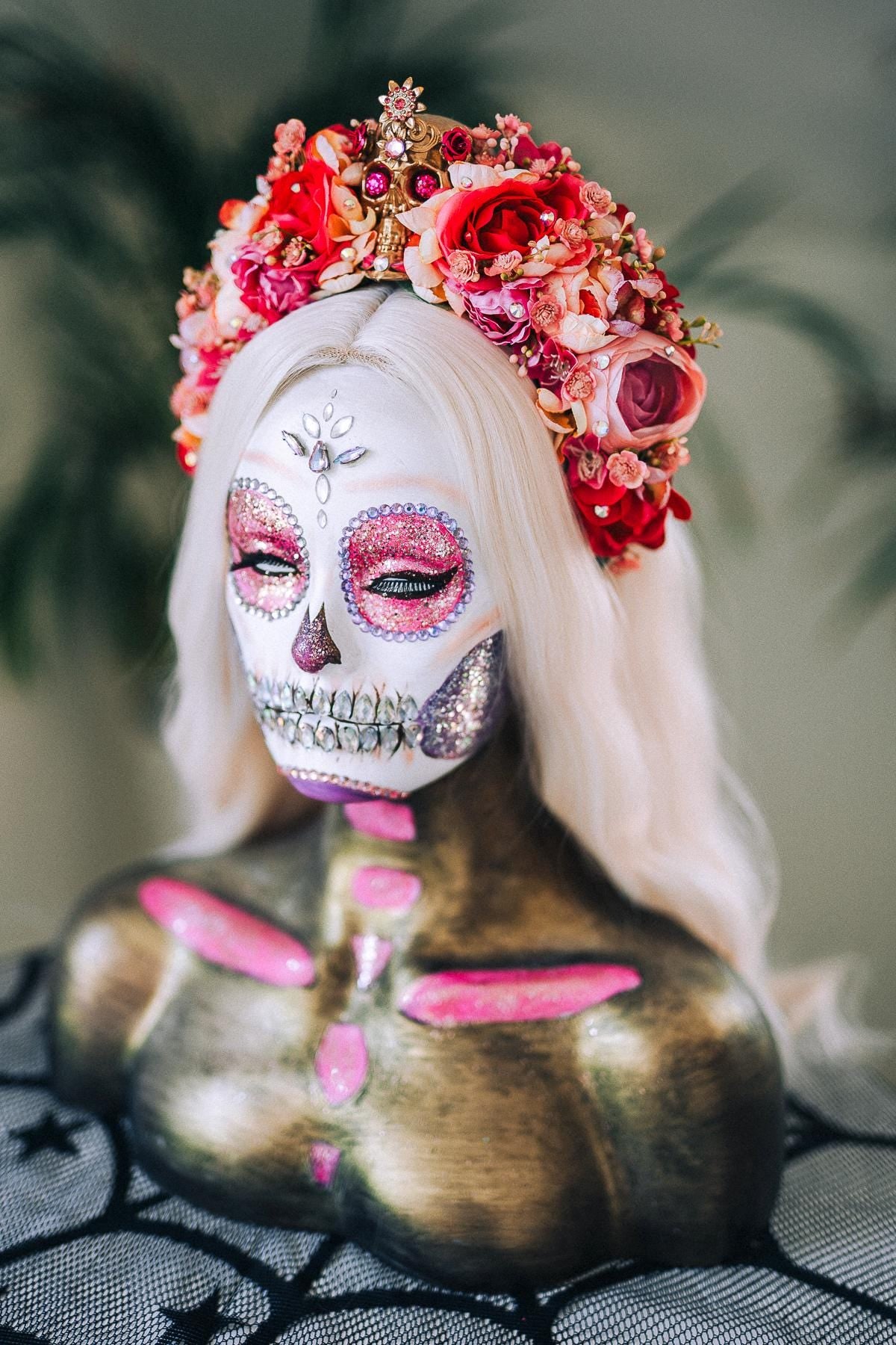 Day Of The Dead Crown, La Catrina Headpiece, Pink Flower Skull Halo, Calavera Tiara, Halloween Costume, Fiesta Dia De Muertos