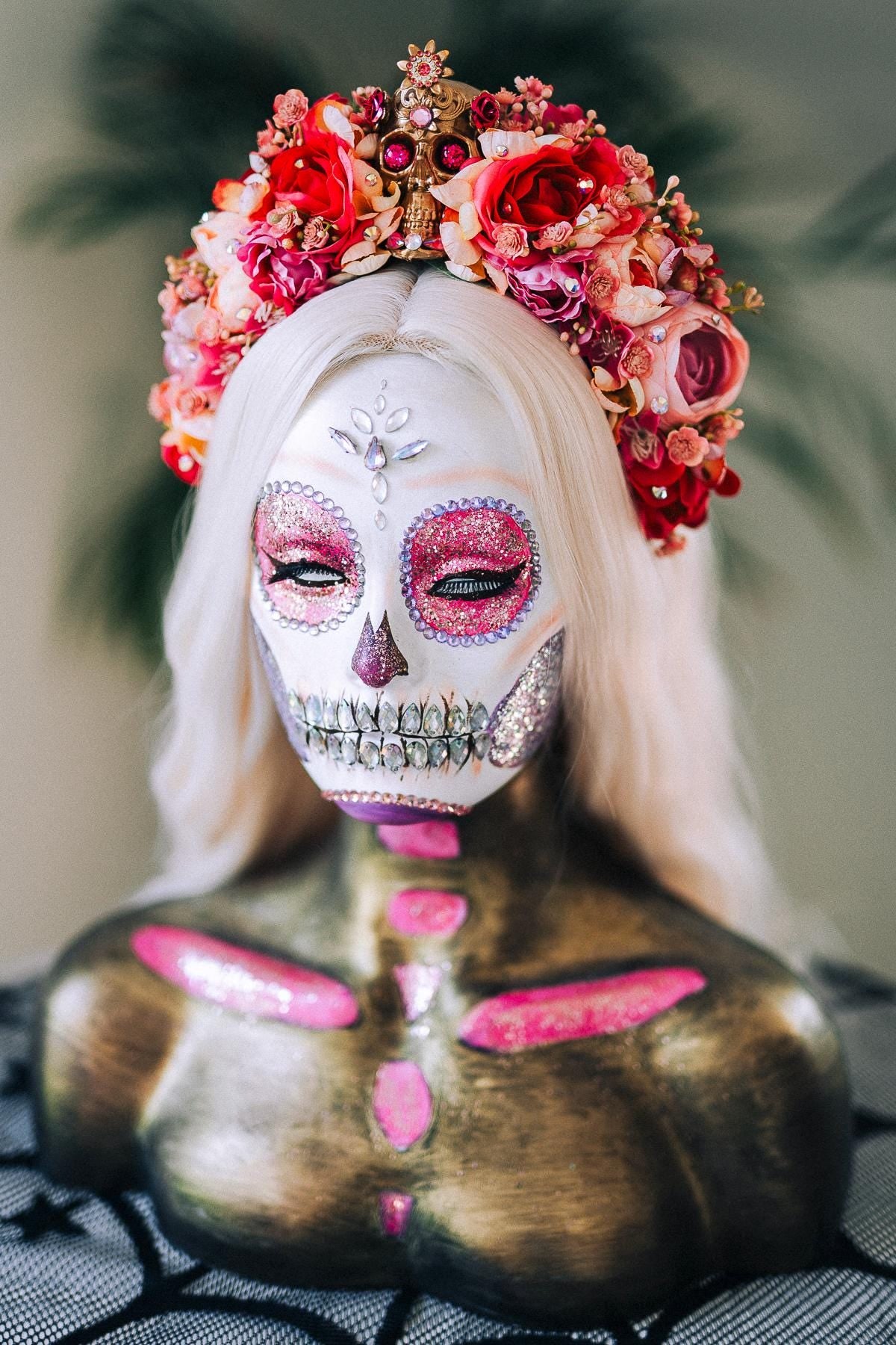 Day Of The Dead Crown, La Catrina Headpiece, Pink Flower Skull Halo, Calavera Tiara, Halloween Costume, Fiesta Dia De Muertos