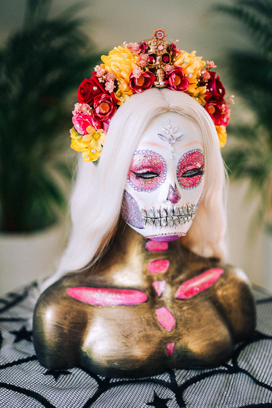 Golden Skull Flower Crown, La Catrina Headpiece, Dia De Los Muertos, Sugar Skull Crown, Halloween Costume, Frida Kahlo Style, Festival Tiara