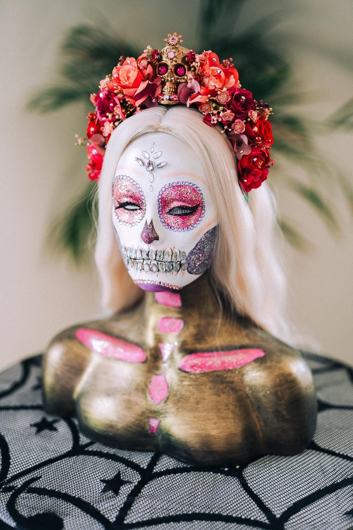 La Catrina Crown, Dia De Los Muertos, Pink Skull Flower Crown, Mexican Headpiece, Festival Halloween Tiara, Red Rose Gothic Crown