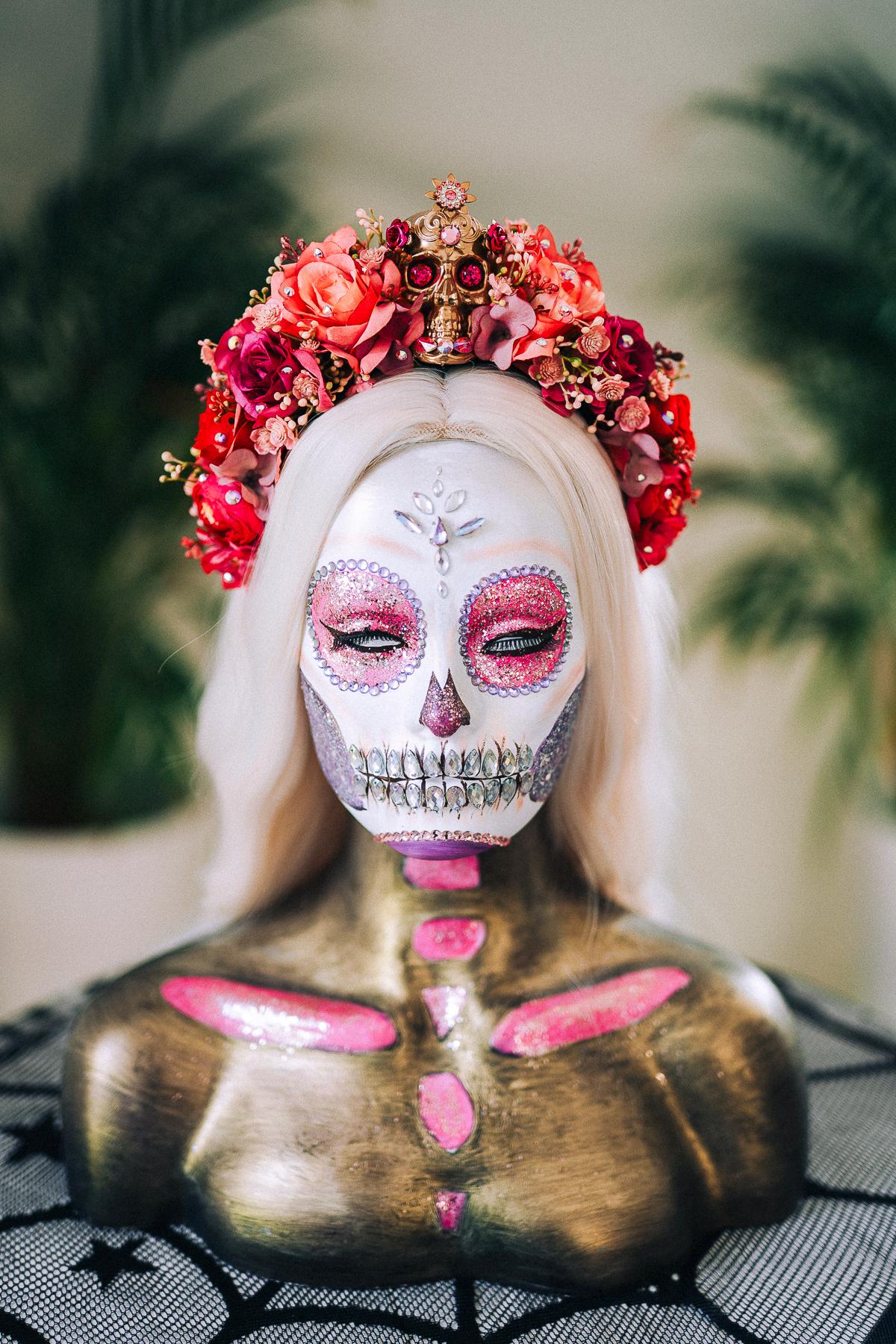 La Catrina Crown, Dia De Los Muertos, Pink Skull Flower Crown, Mexican Headpiece, Festival Halloween Tiara, Red Rose Gothic Crown