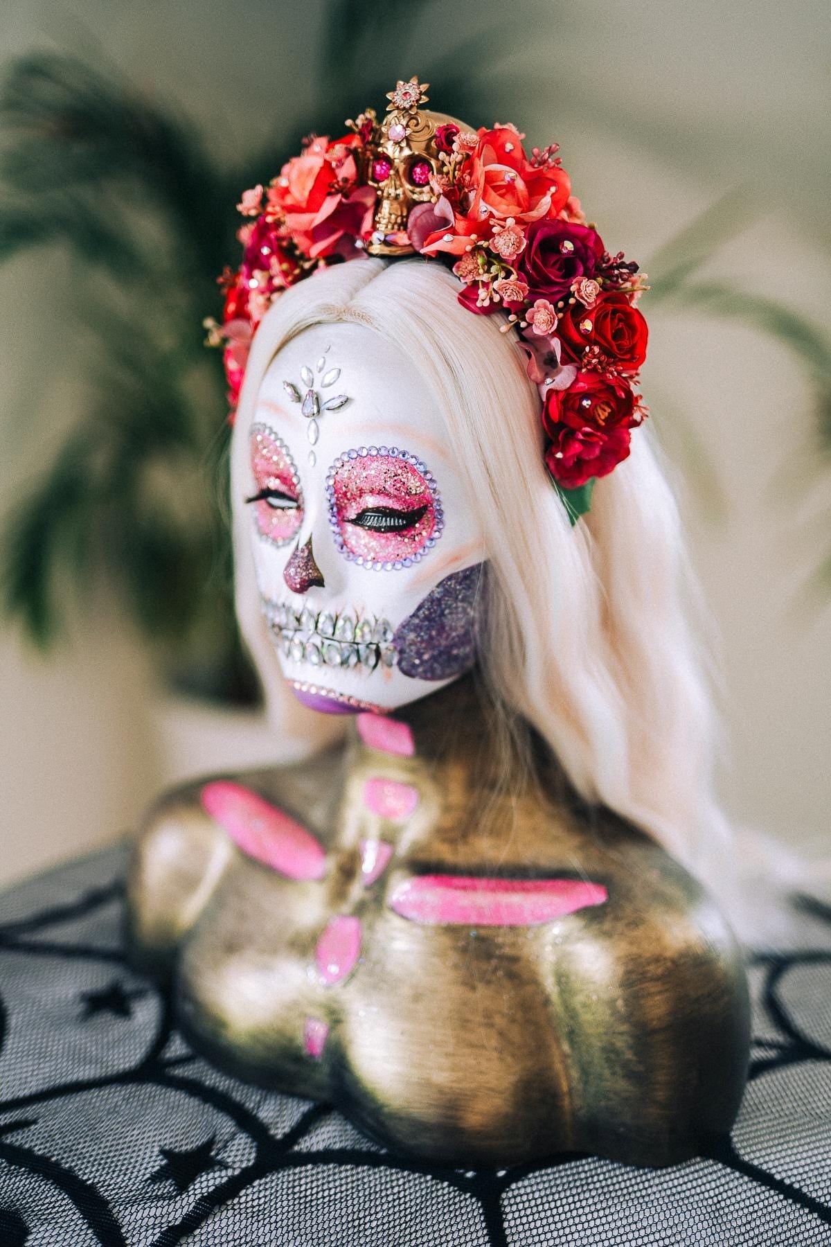 La Catrina Crown, Dia De Los Muertos, Pink Skull Flower Crown, Mexican Headpiece, Festival Halloween Tiara, Red Rose Gothic Crown