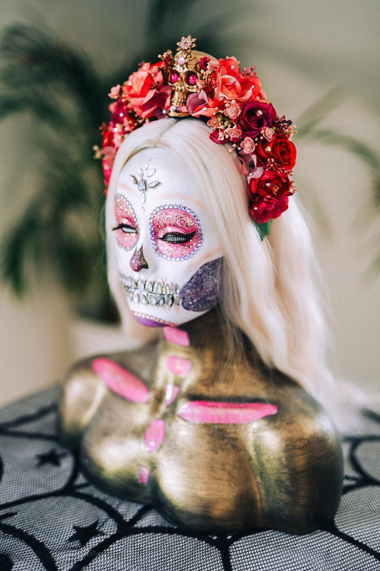 La Catrina Crown, Dia De Los Muertos, Pink Skull Flower Crown, Mexican Headpiece, Festival Halloween Tiara, Red Rose Gothic Crown