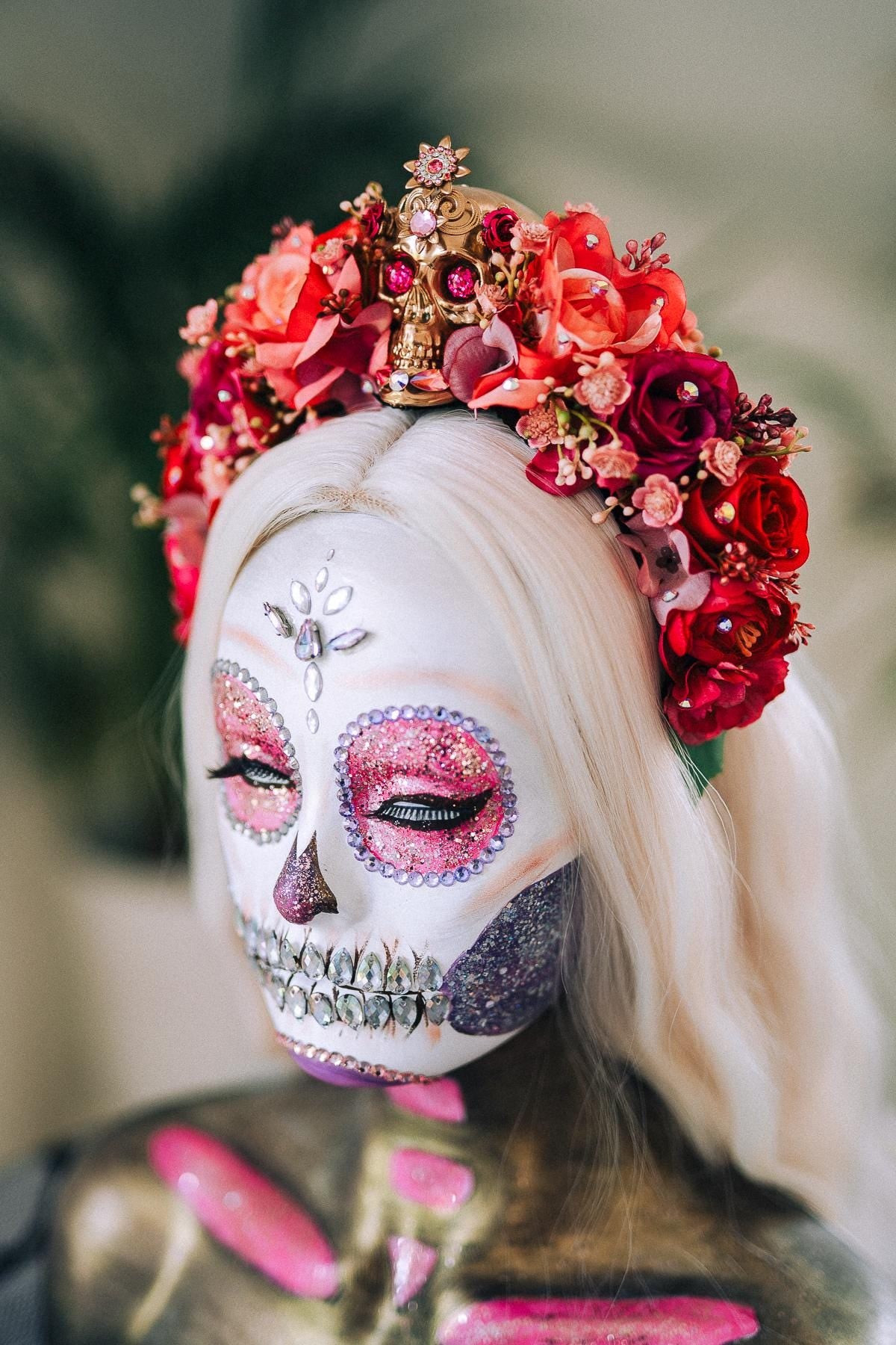 La Catrina Crown, Dia De Los Muertos, Pink Skull Flower Crown, Mexican Headpiece, Festival Halloween Tiara, Red Rose Gothic Crown