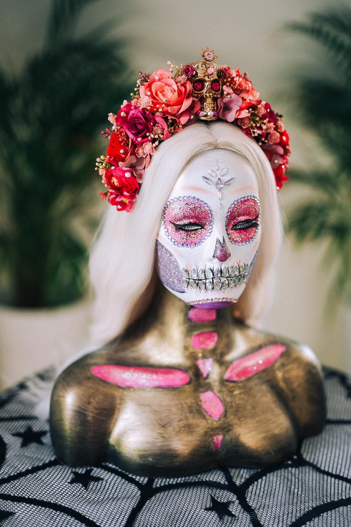 La Catrina Crown, Dia De Los Muertos, Pink Skull Flower Crown, Mexican Headpiece, Festival Halloween Tiara, Red Rose Gothic Crown