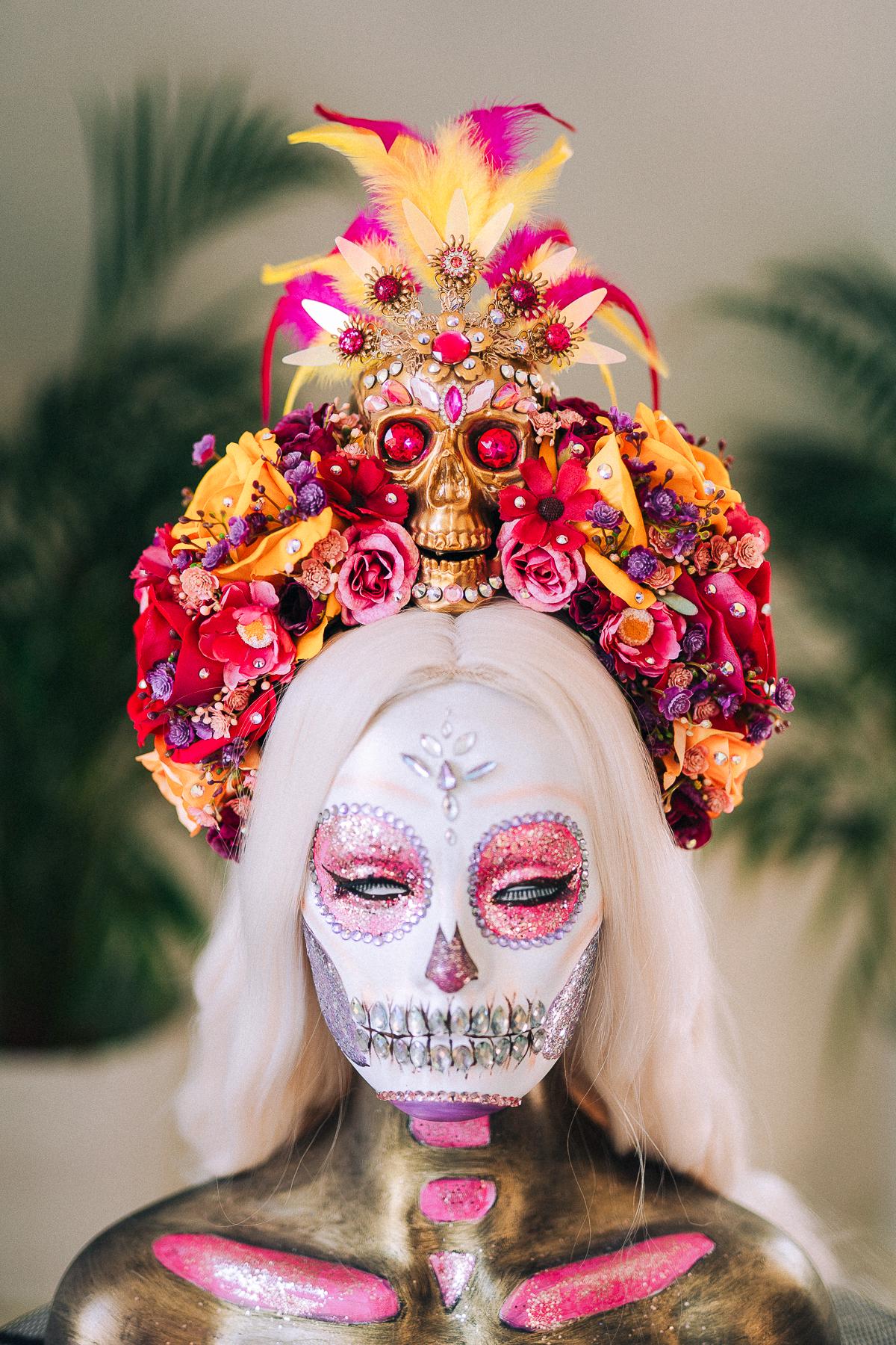 SALE Golden Skull Flower Crown, Día De Los Muertos, Mexican Headdress, Sugar Skull Halo, Day Of The Dead Crown, Halloween Costume Headpiece