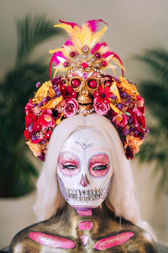 SALE Golden Skull Flower Crown, Día De Los Muertos, Mexican Headdress, Sugar Skull Halo, Day Of The Dead Crown, Halloween Costume Headpiece